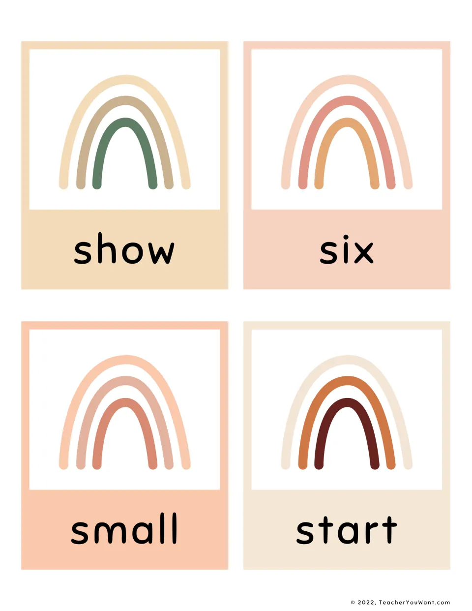 Word cards for show, six, small and start, each shown under a soft-toned rainbow, for quick sight reading and word recall