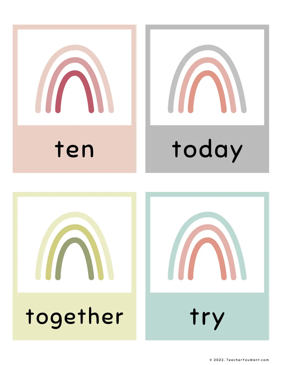 Flashcards with the words ten, today, together and try below rainbow images, giving students practice reading sight words
