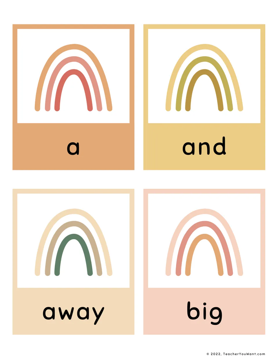 Pre-primer sight word cards for a, and, away and big: students read each word printed below a soft boho rainbow