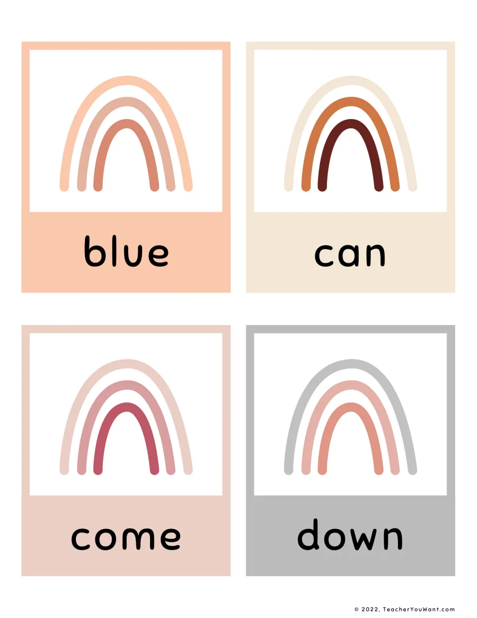 Sight word flashcards for blue, can, come and down: four rainbow cards students read aloud to build word recognition