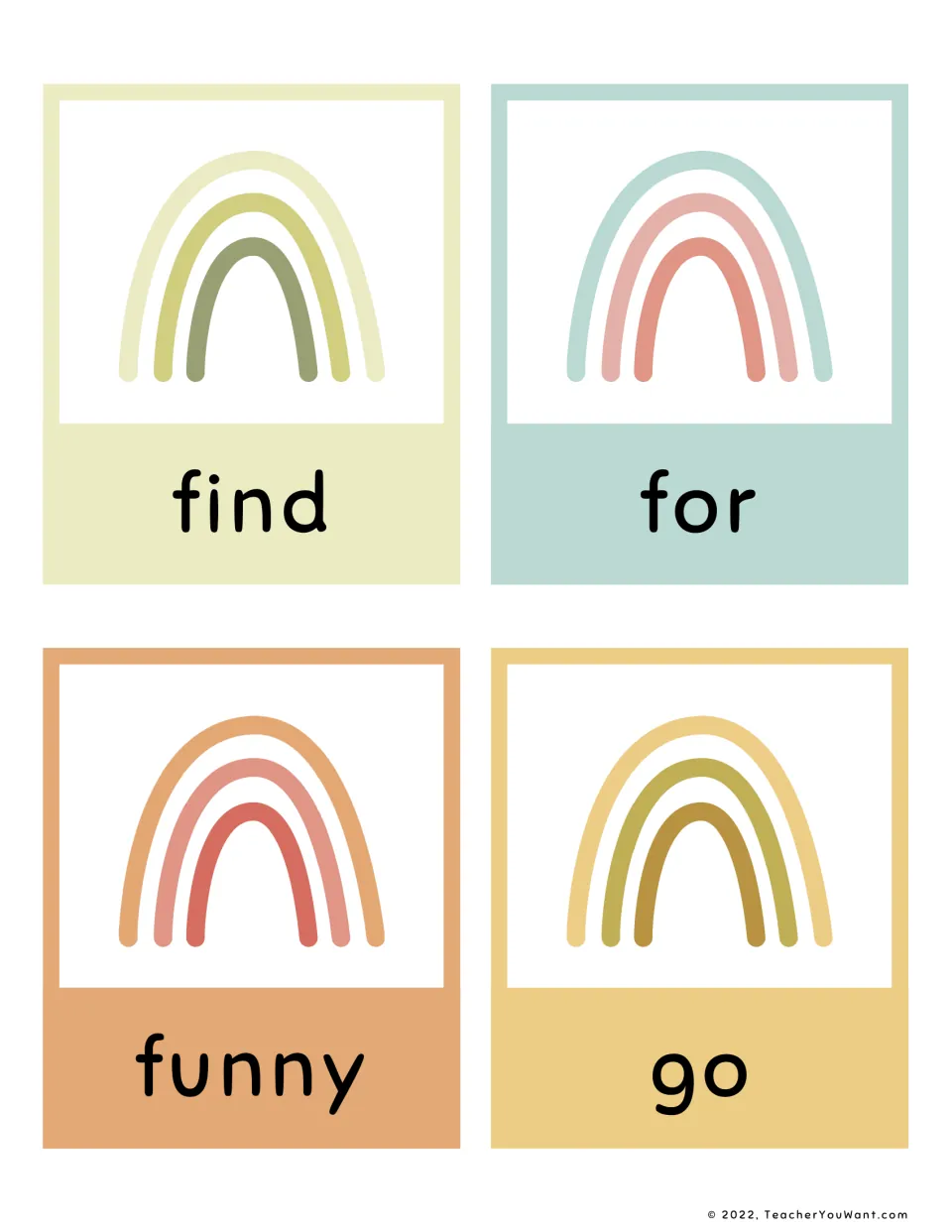 Sight words find, for, funny and go on four rainbow flashcards for students to read on sight during word practice