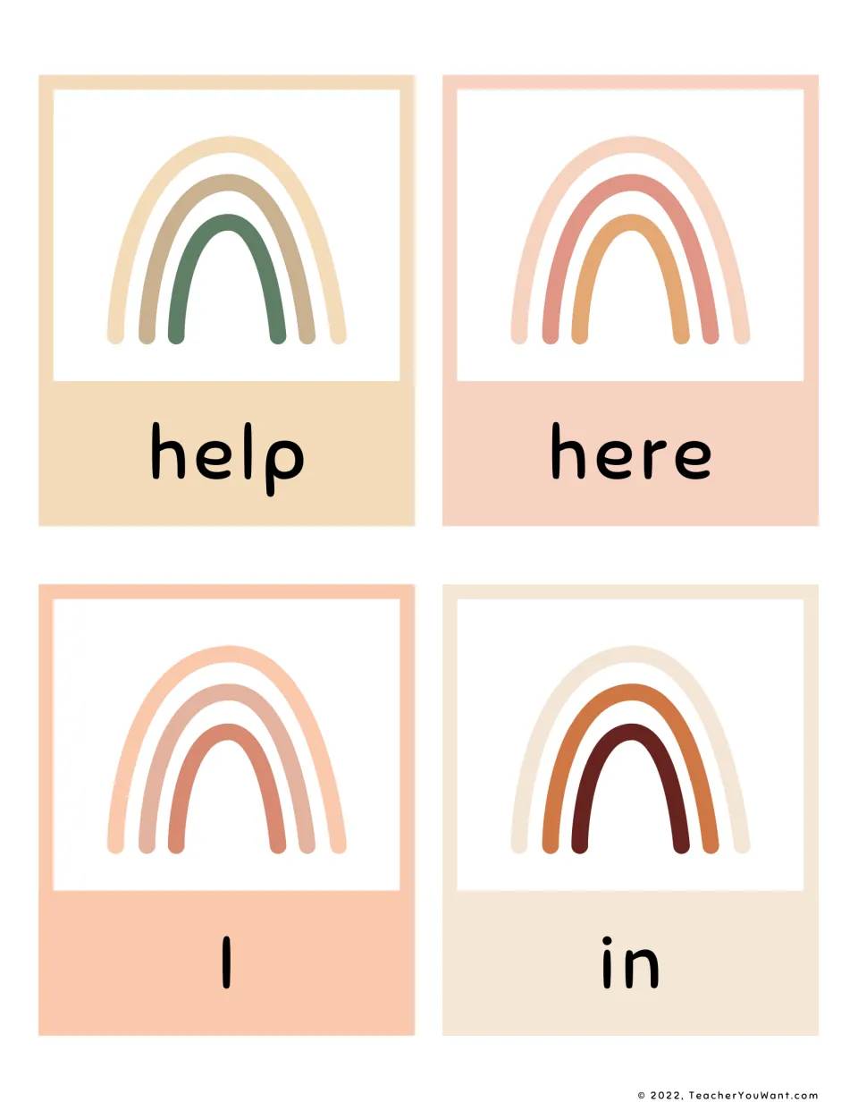 Flashcards for the sight words help, here, I and in, each under a pastel rainbow, for students to say quickly on sight