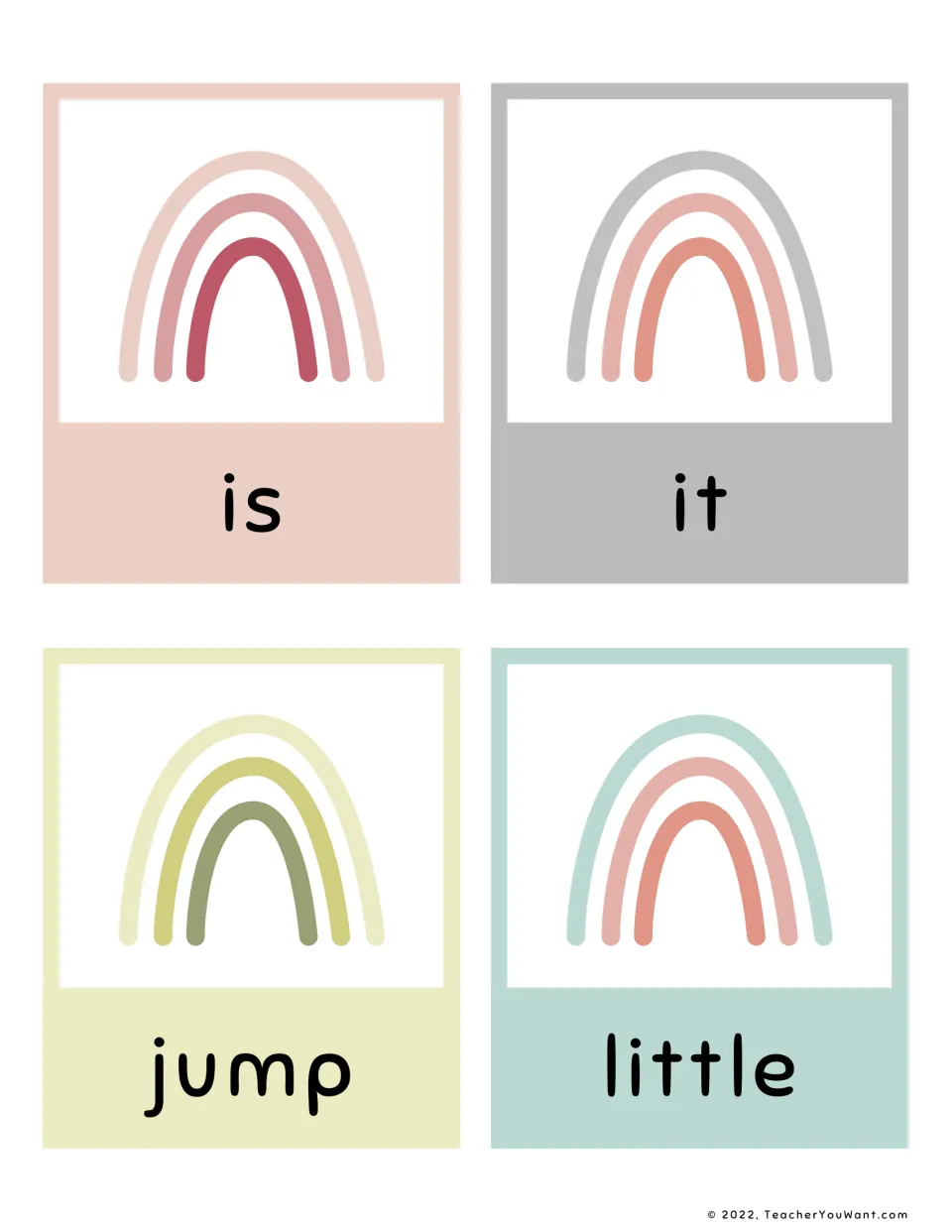 Sight word cards for is, it, jump and little with rainbow pictures; students read each word aloud for instant recall