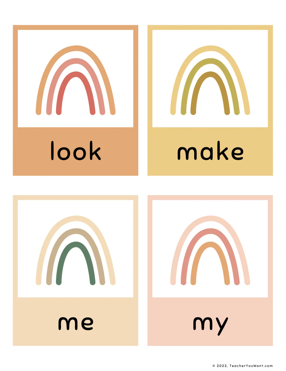 Rainbow flashcards for the sight words look, make, me and my, used by students to practise reading high-frequency words
