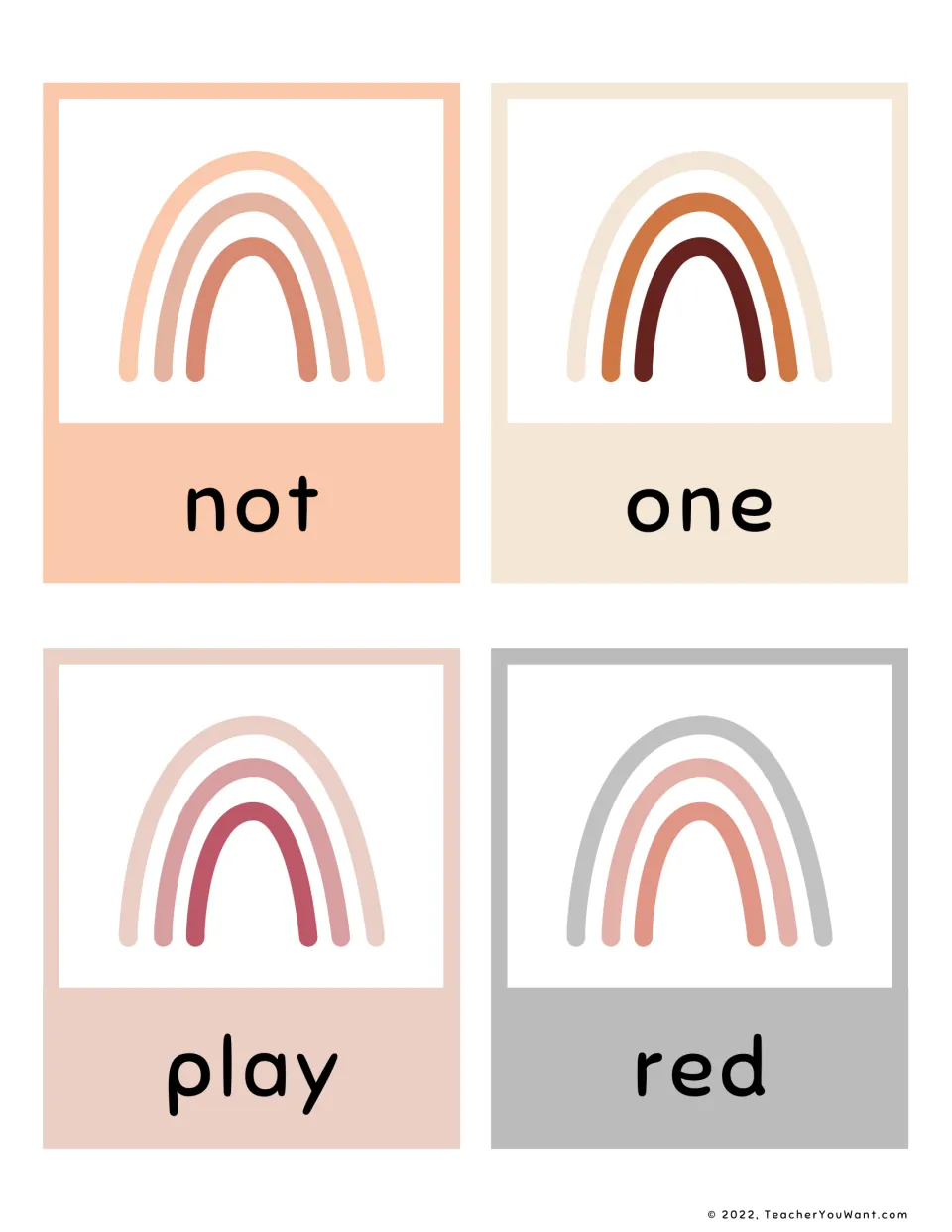 Sight words not, one, play and red on four boho rainbow cards; students read each word to build automatic recognition