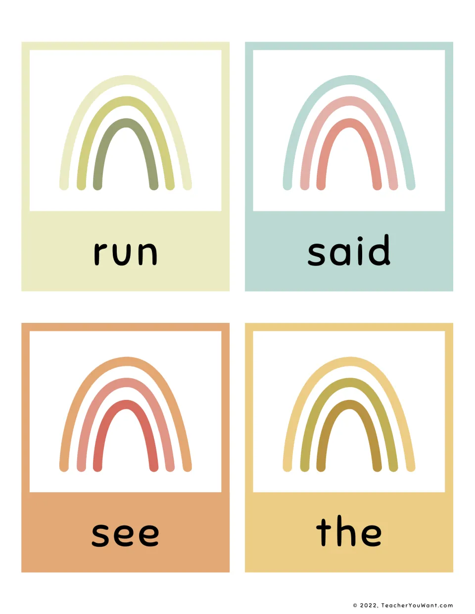 Flashcards showing run, said, see and the under muted rainbows for students to read as quick sight-word recognition work