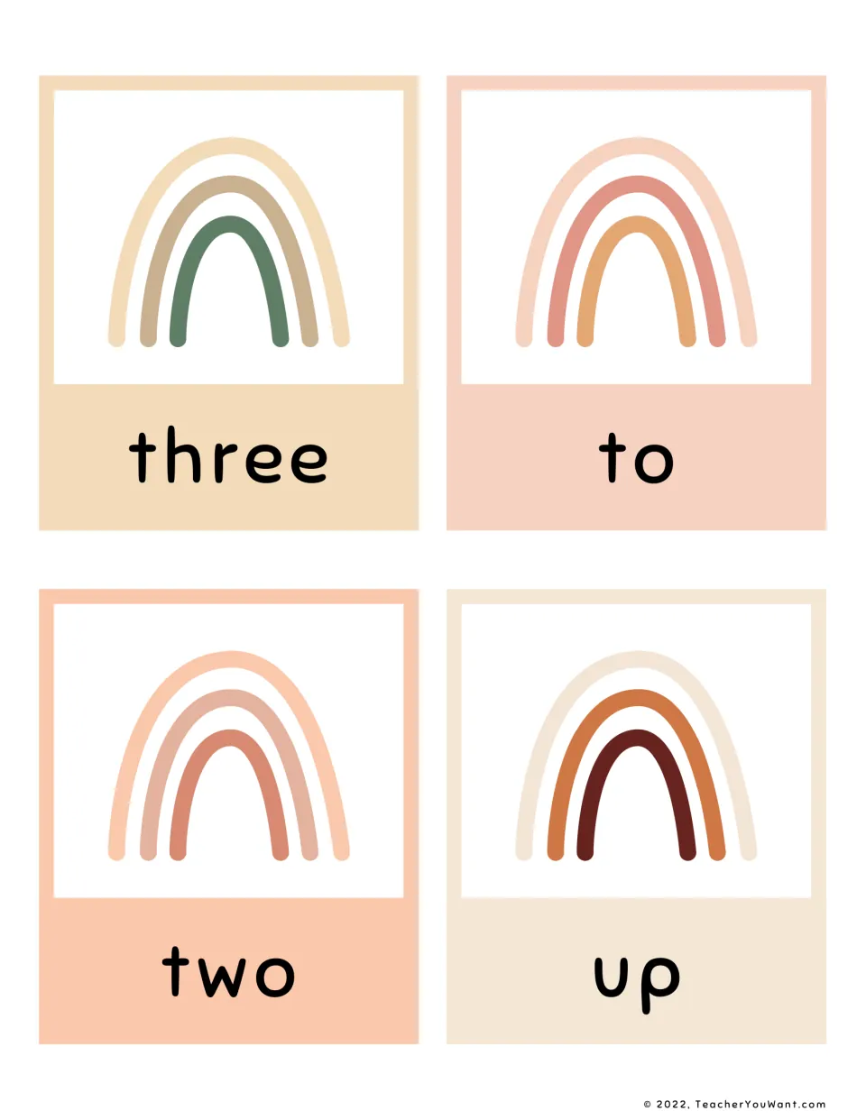 Sight word cards for three, to, two and up, each with a rainbow picture, for students to read and recognise on sight