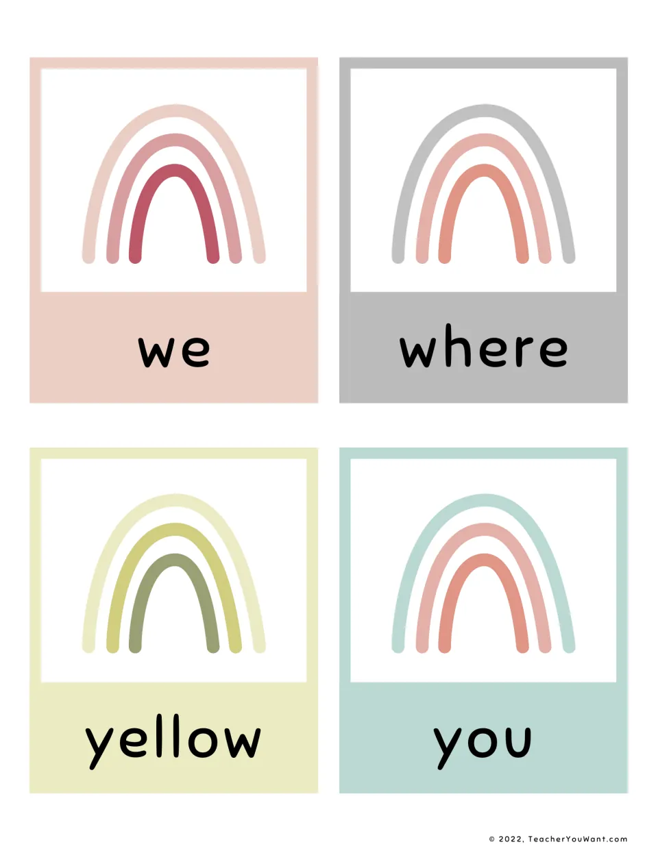 Sight word flashcards for we, where, yellow and you on rainbow cards for students to read aloud and recall quickly