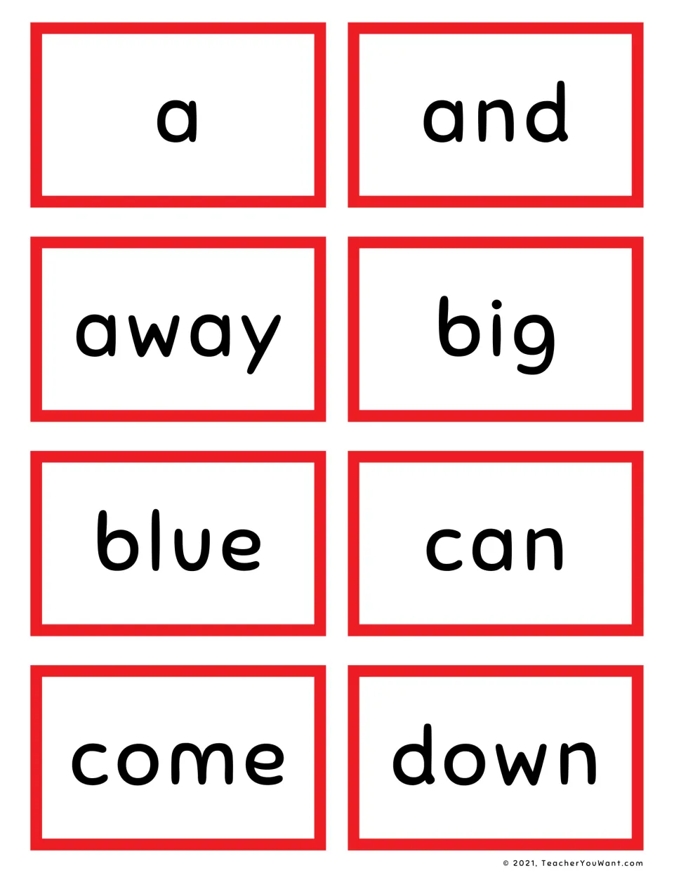 Pre-primer sight word flashcards: eight cards to cut apart and read, showing a, and, away, big, blue, can, come and down