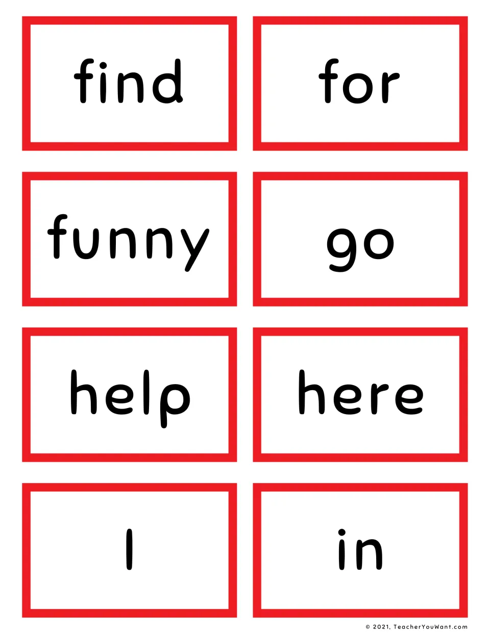 Sight word cards for find, for, funny, go, help, here, I and in: students cut out the eight cards and practise reading each