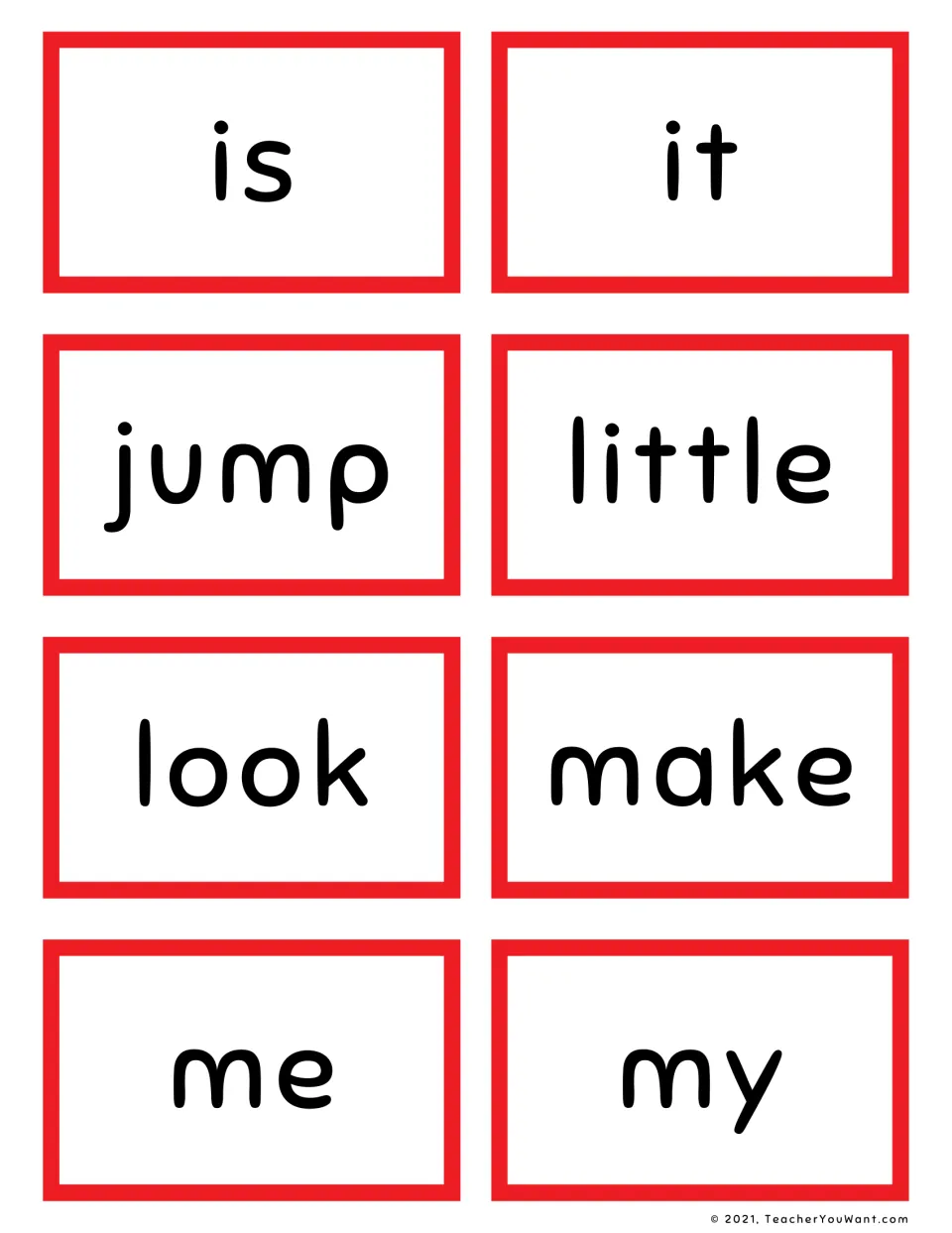 Pre-primer word cards is, it, jump, little, look, make, me and my: eight printable flashcards for word recognition drills