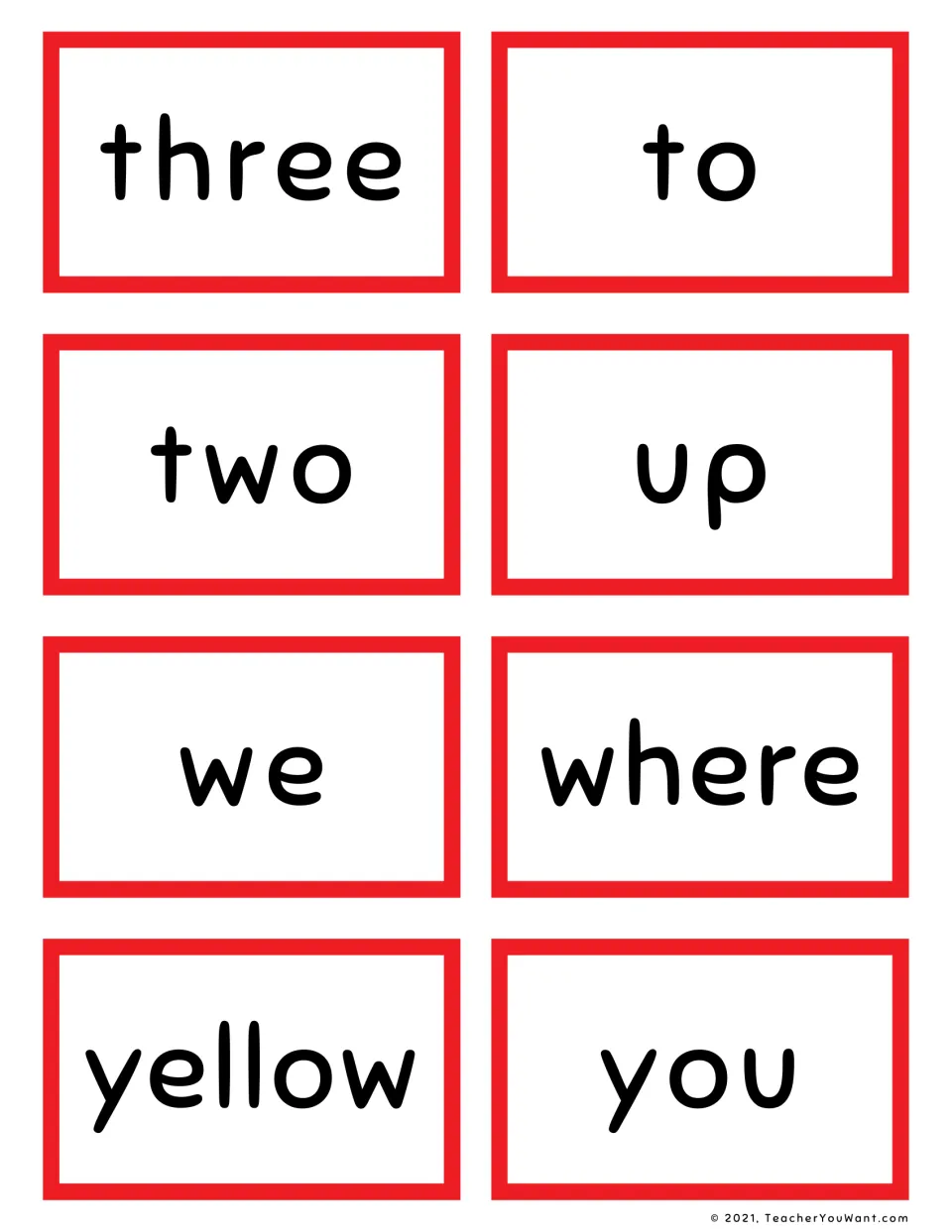 Last pre-primer cards: three, to, two, up, we, where, yellow and you, eight flashcards for practising instant word reading