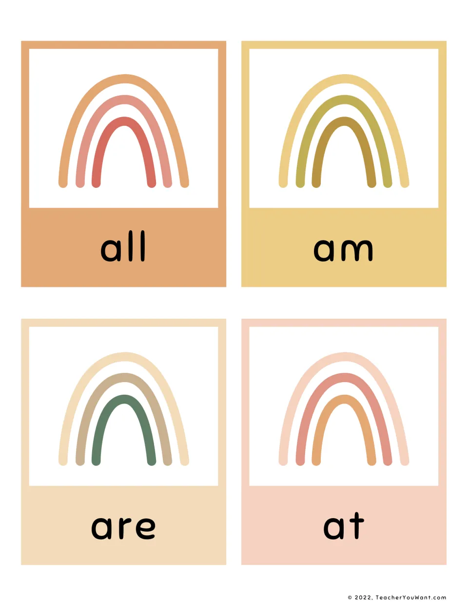 Primer sight words all, am, are and at: four flashcards, each with a pastel rainbow, for students to read on sight