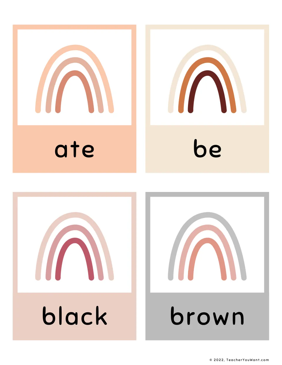 Primer sight words ate, be, black and brown: four rainbow flashcards students read aloud for instant word recognition