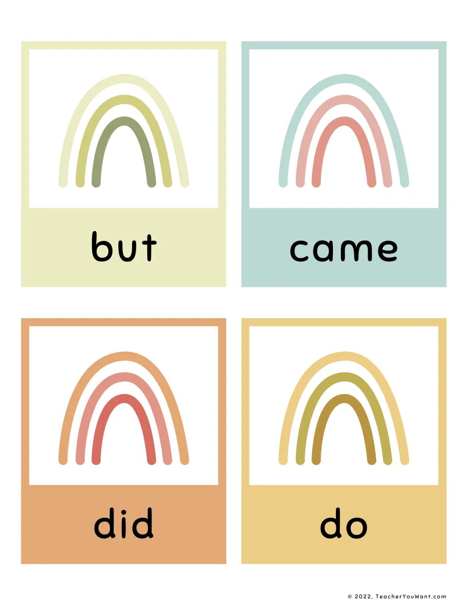 Primer sight words but, came, did and do: four boho rainbow flashcards for students to recognize and read quickly