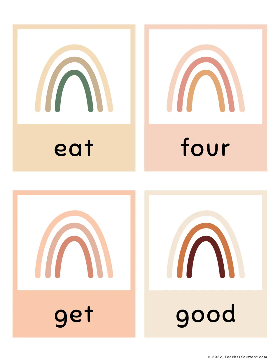 Primer sight words eat, four, get and good: four flashcards with pastel rainbows for students to read by sight