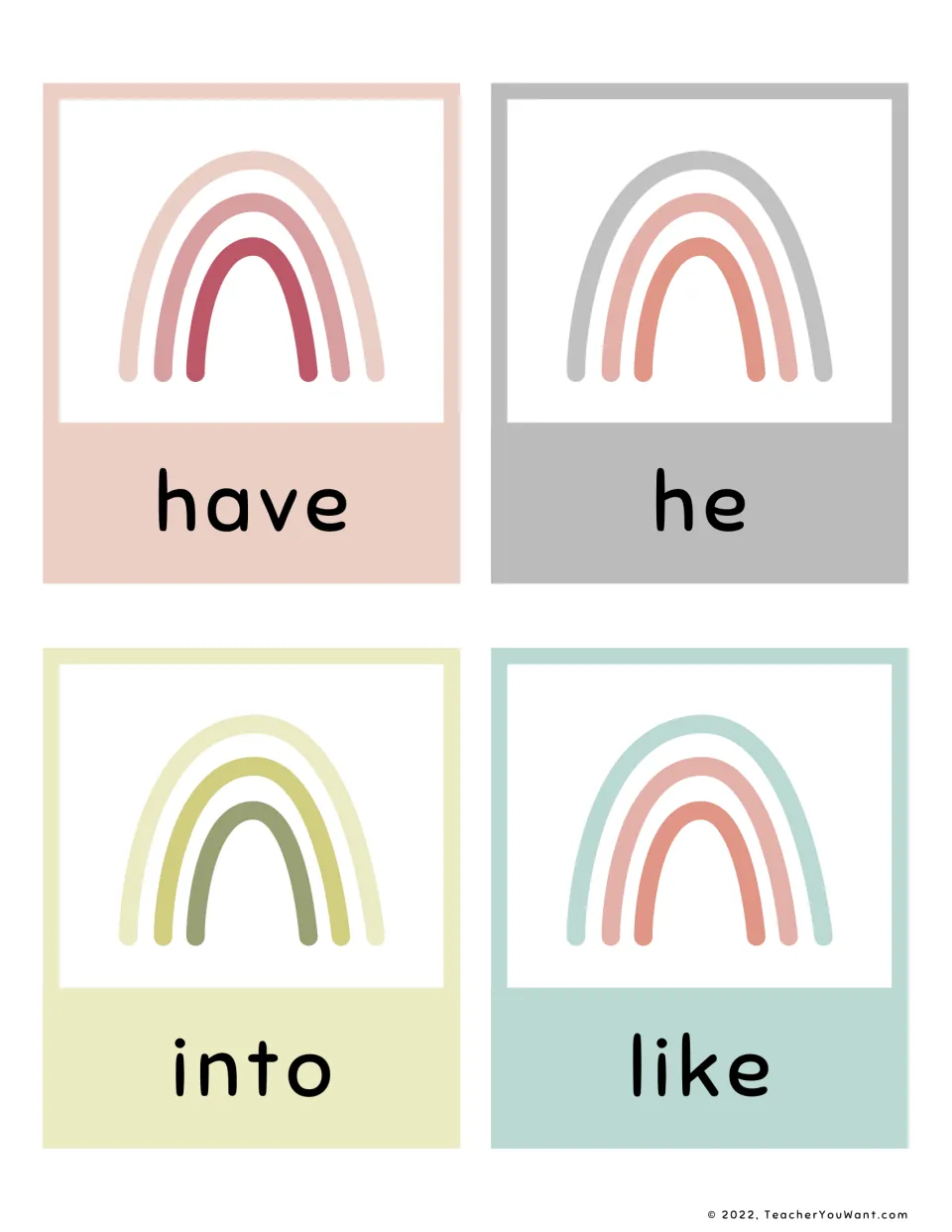Primer sight words have, he, into and like: four rainbow flashcards students practise reading without sounding out