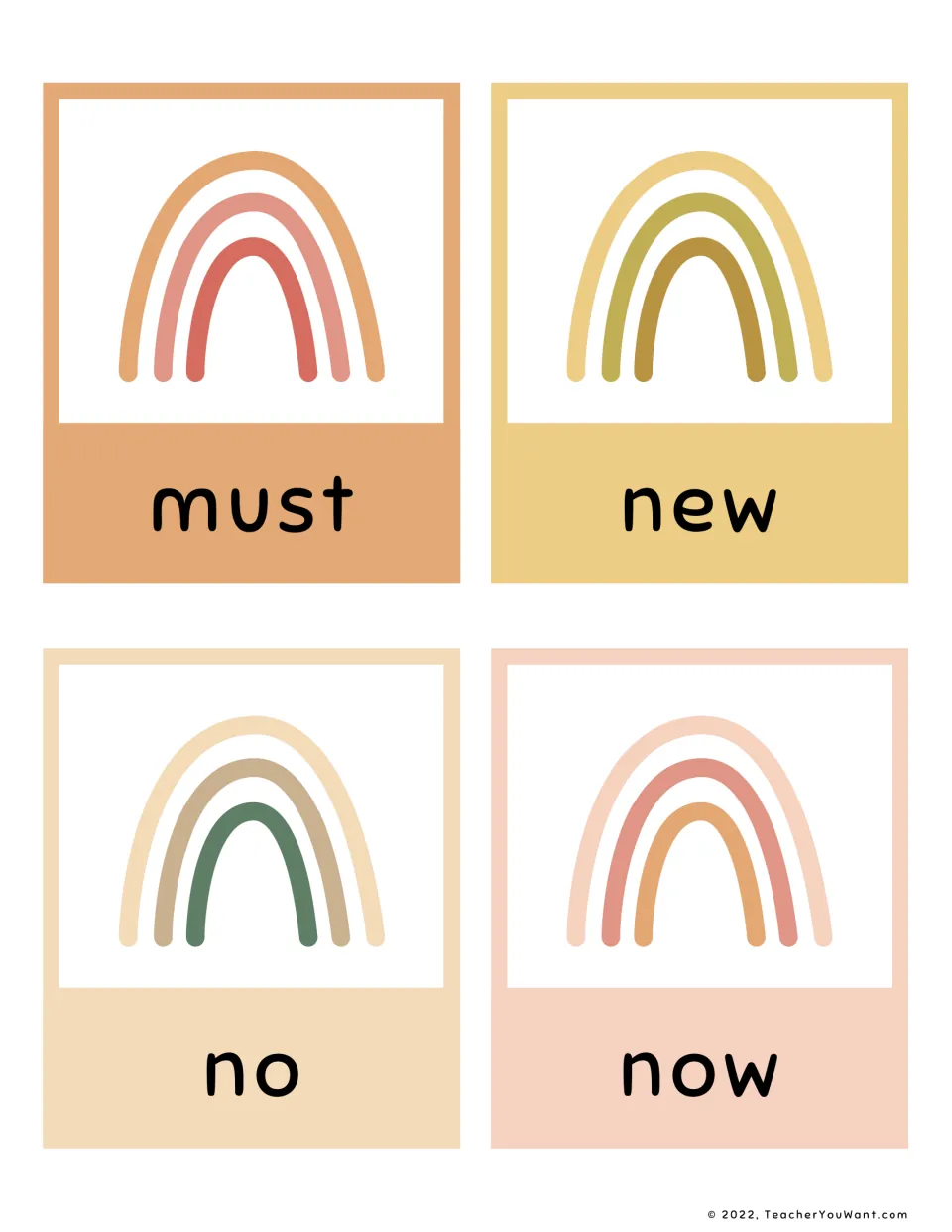 Primer sight words must, new, no and now: four boho rainbow flashcards for students to read quickly and accurately