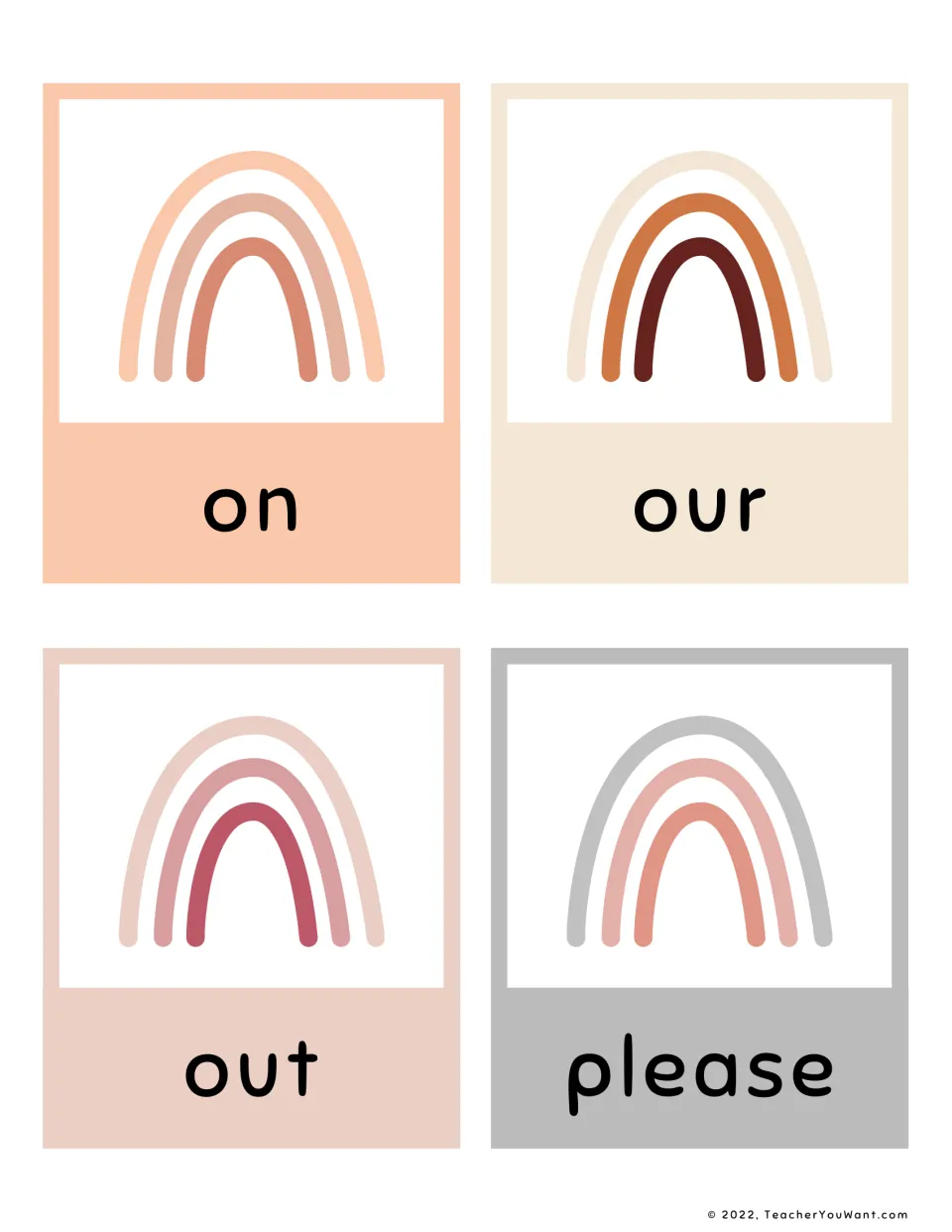 Primer sight words on, our, out and please: four pastel rainbow flashcards for students to say on sight