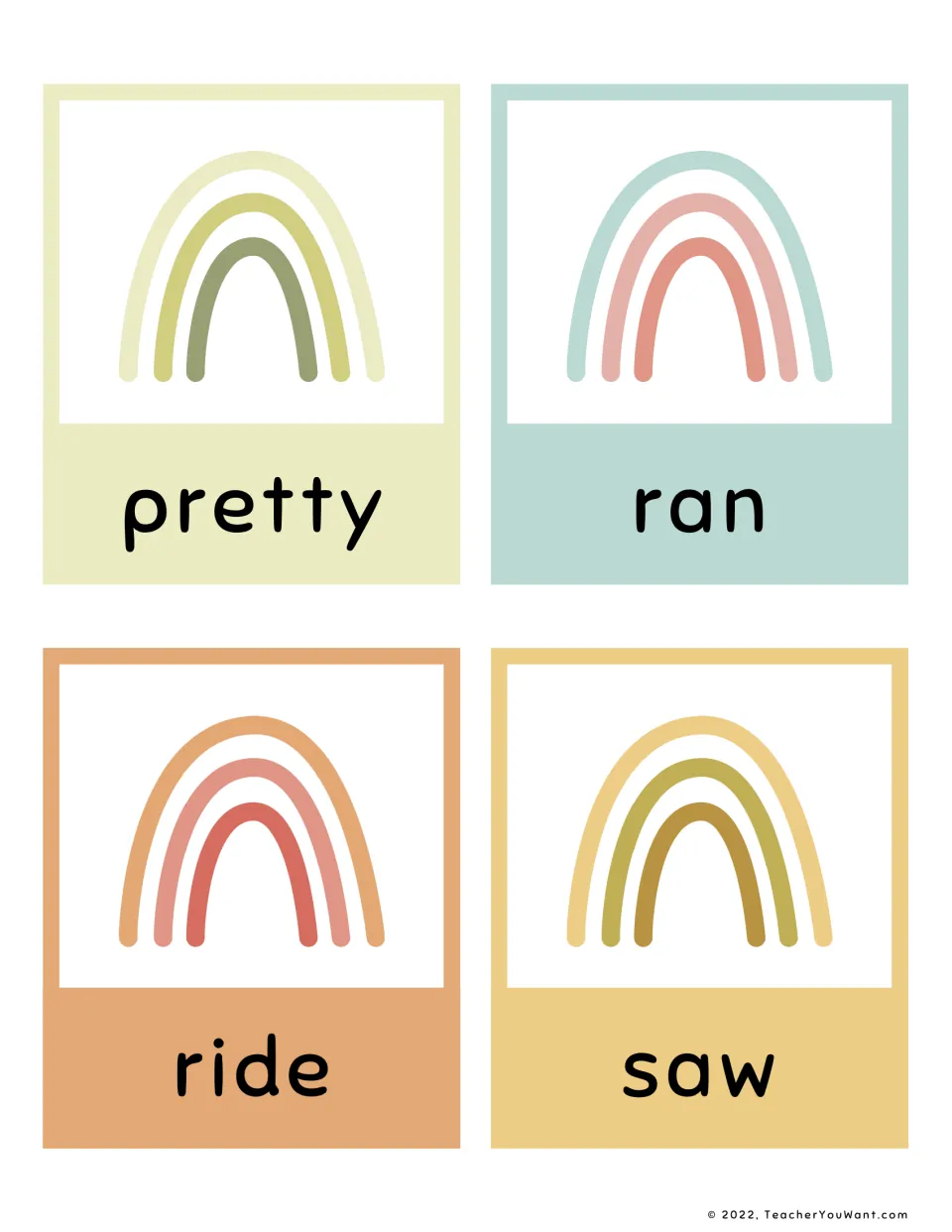 Primer sight words pretty, ran, ride and saw: four rainbow flashcards students read to build automatic word recall