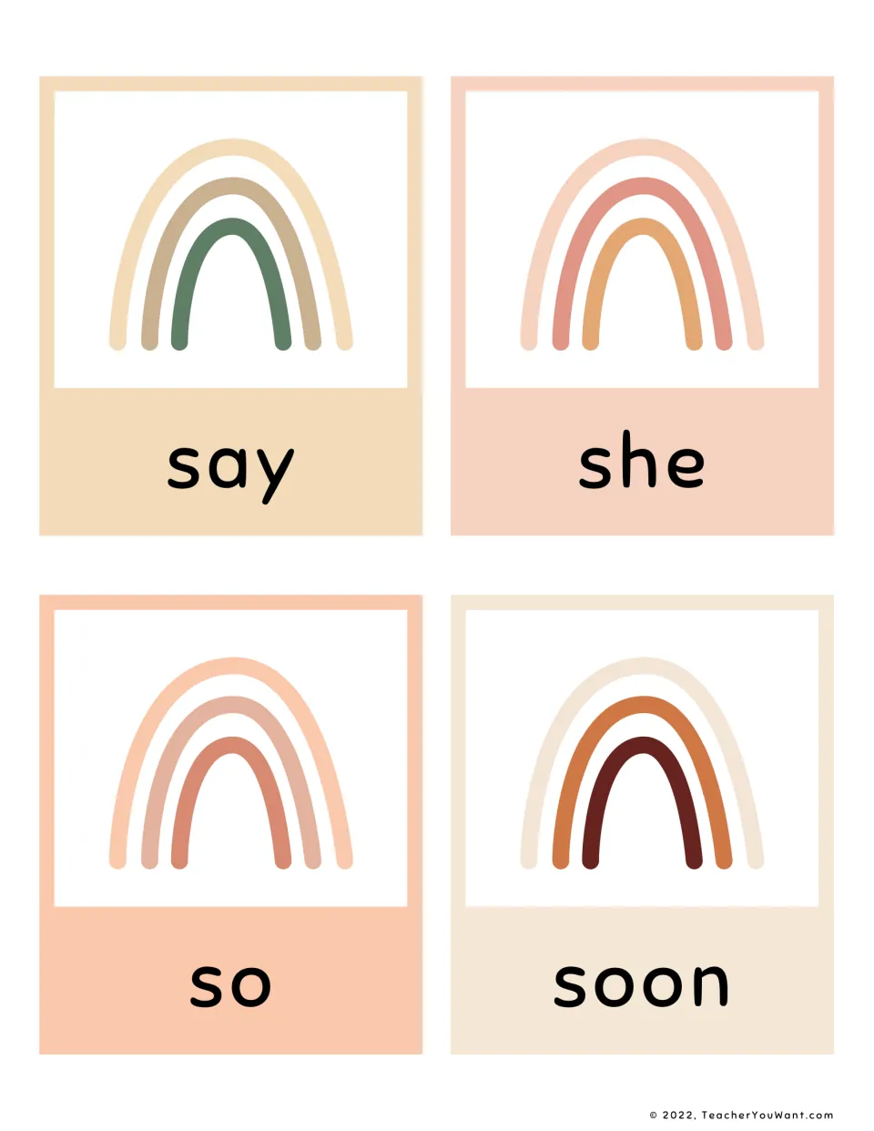 Primer sight words say, she, so and soon: four boho rainbow flashcards for students to identify and read aloud