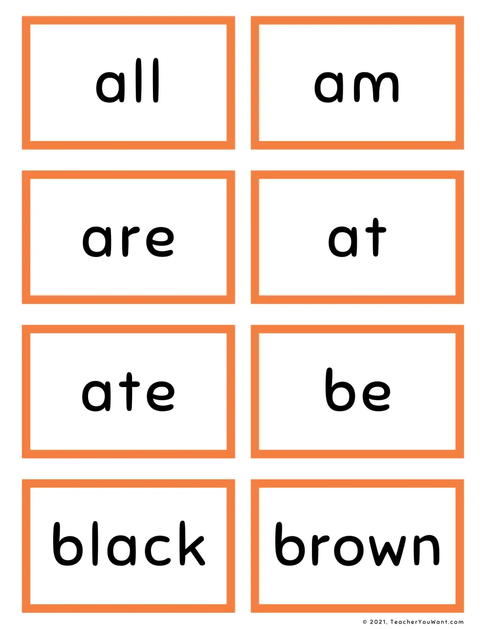 Primer sight word flashcards: students cut apart and read eight cards: all, am, are, at, ate, be, black and brown