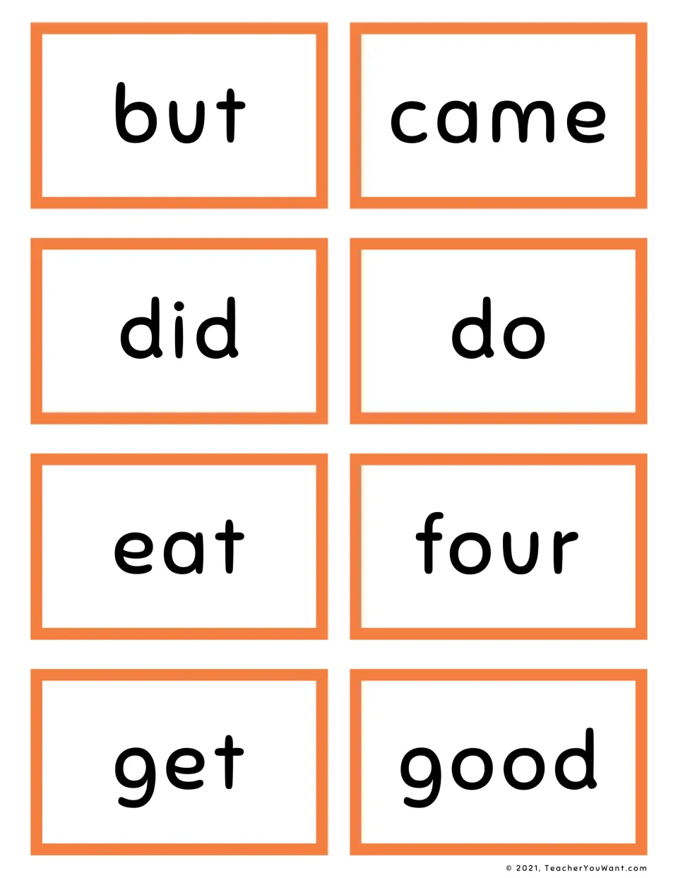 Primer word cards for whole-word reading: eight cards showing but, came, did, do, eat, four, get and good to read aloud
