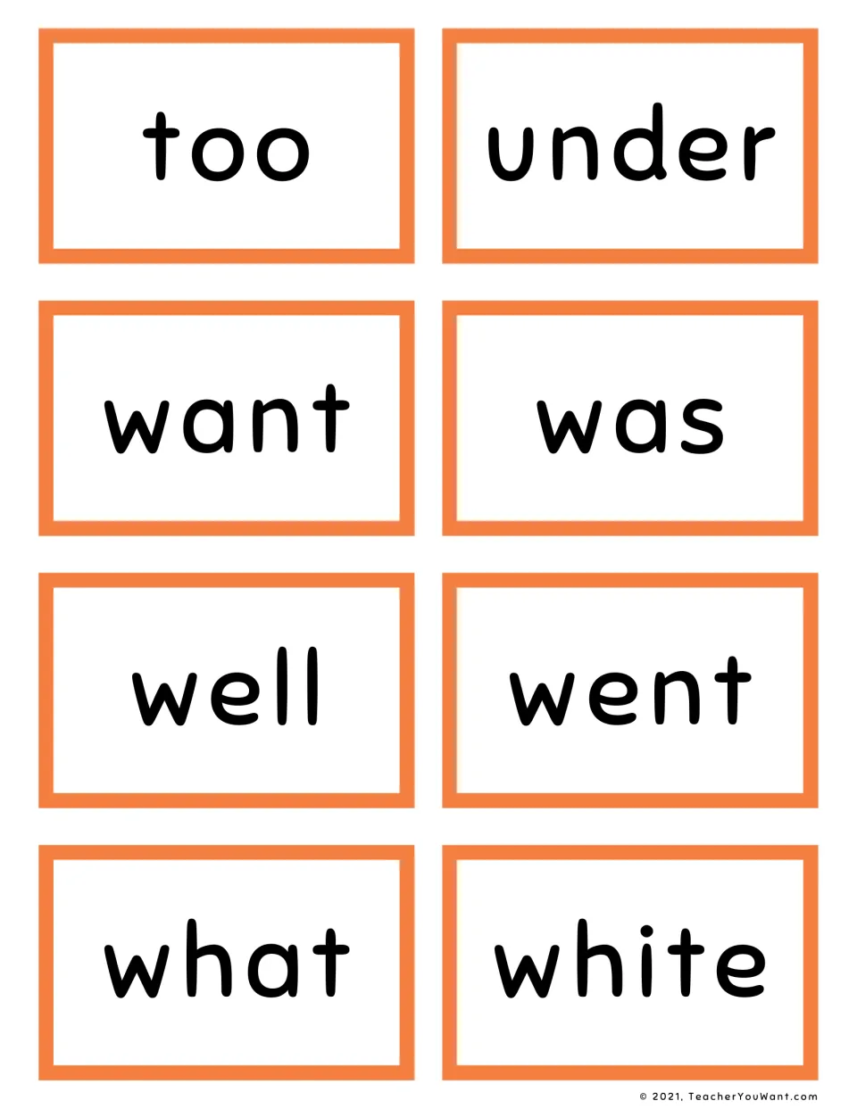Word recognition cards for w-words and more: eight cards to read too, under, want, was, well, went, what and white