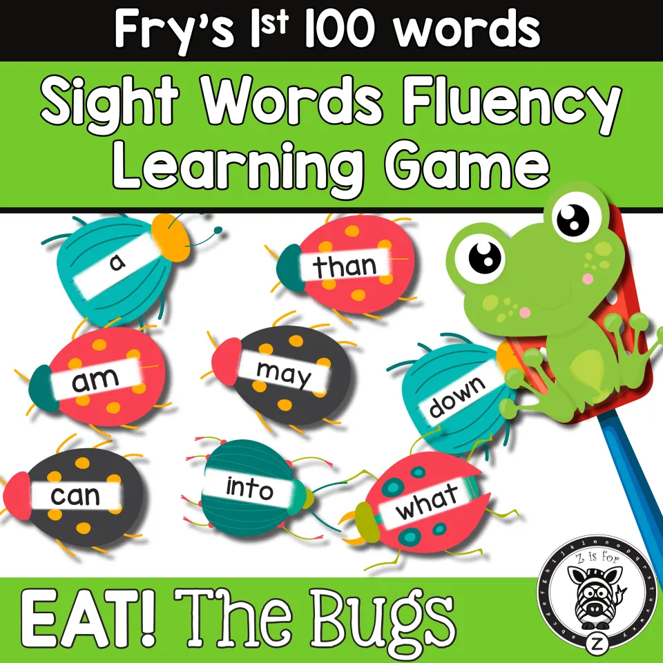 Cover for EAT! The Bugs, a Fry's 1st 100 sight word game: bug cards labeled a, am, can, may and what beside a frog