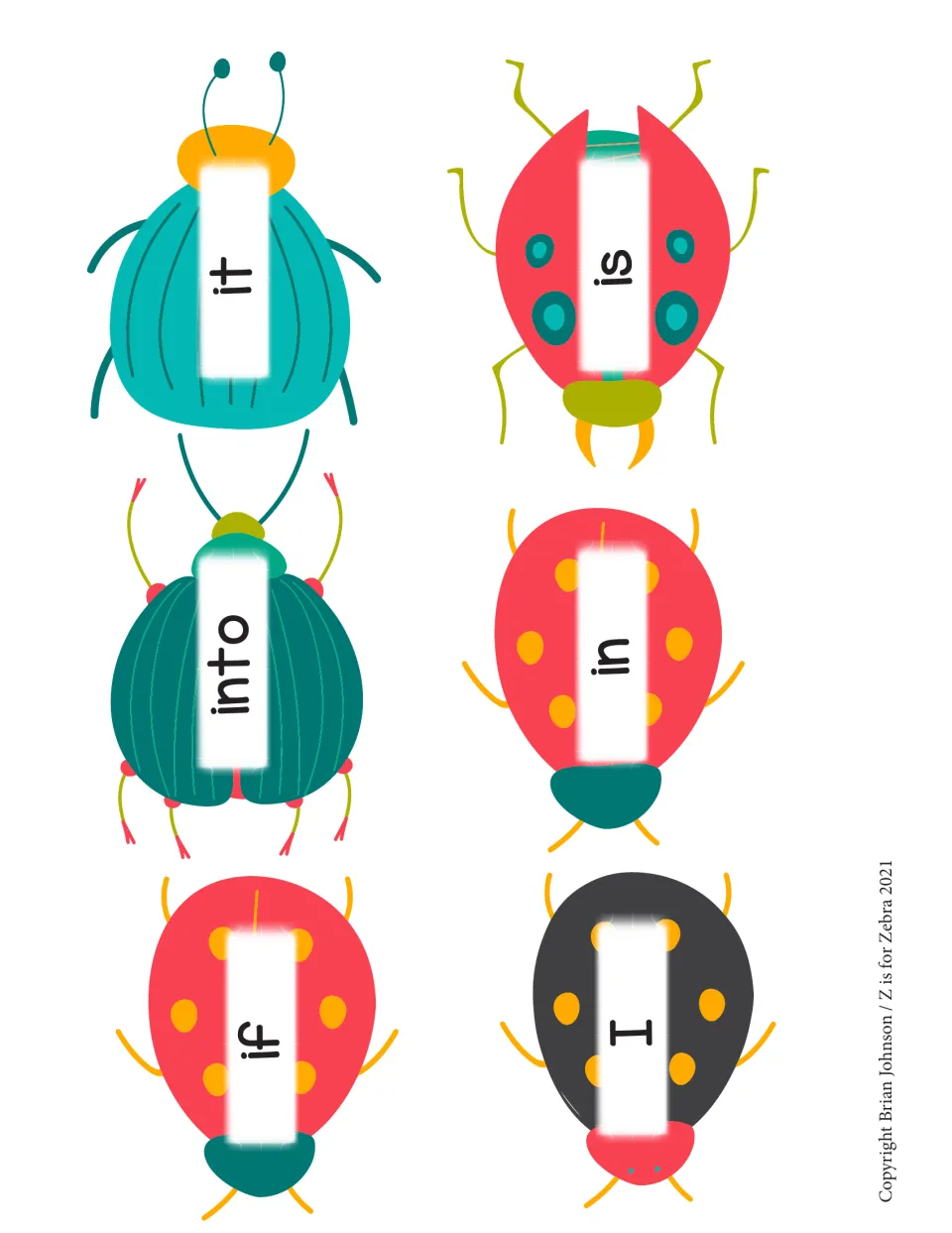 Short-word bug cards with I, if, in, into, is and it for quick visual recognition when the caller reads each word aloud