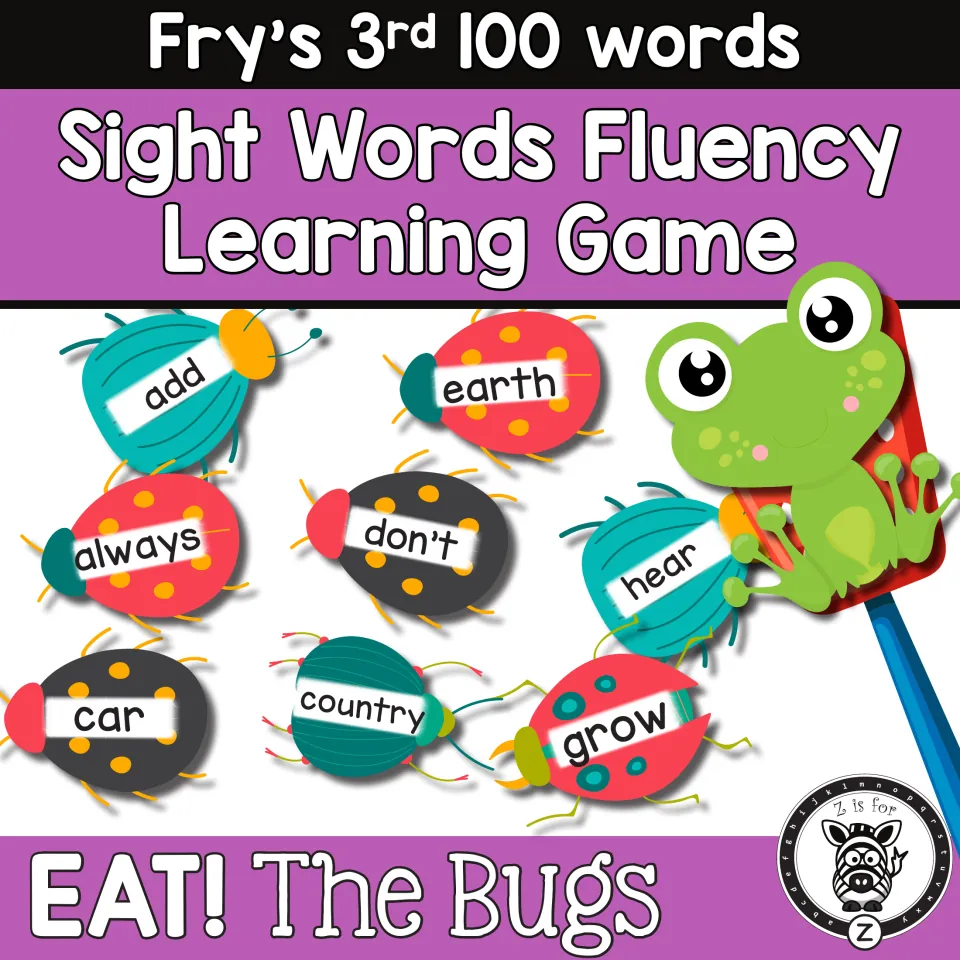 Cover for EAT! The Bugs, a Fry's 3rd 100 sight word swat game showing bug cards like add, earth and don't and a frog