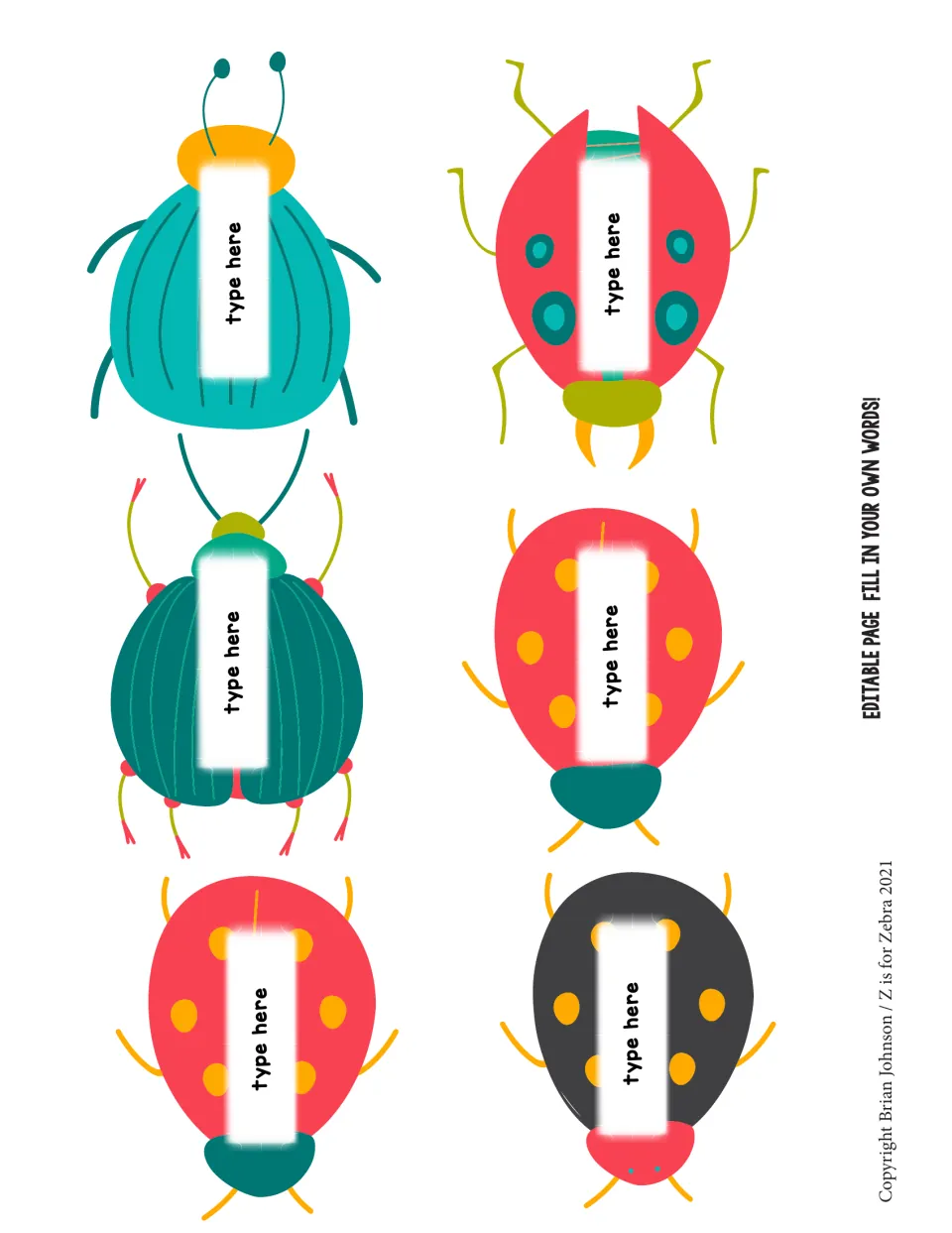 Editable bug cards: six blank beetles and ladybugs marked 'type here' so teachers can fill in their own words to swat