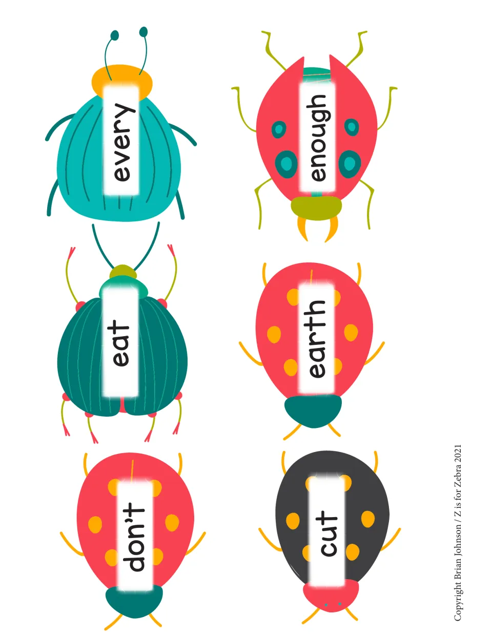 Sight word bug cards for fast recall: eat, every, don't, cut, earth and enough shown on beetles and ladybugs to cut apart