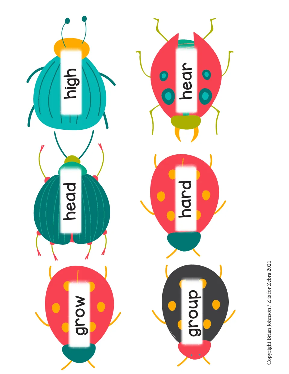 Sight word bug cards for reading fluency: head, high, grow, group, hard and hear shown on beetles and ladybugs to cut apart
