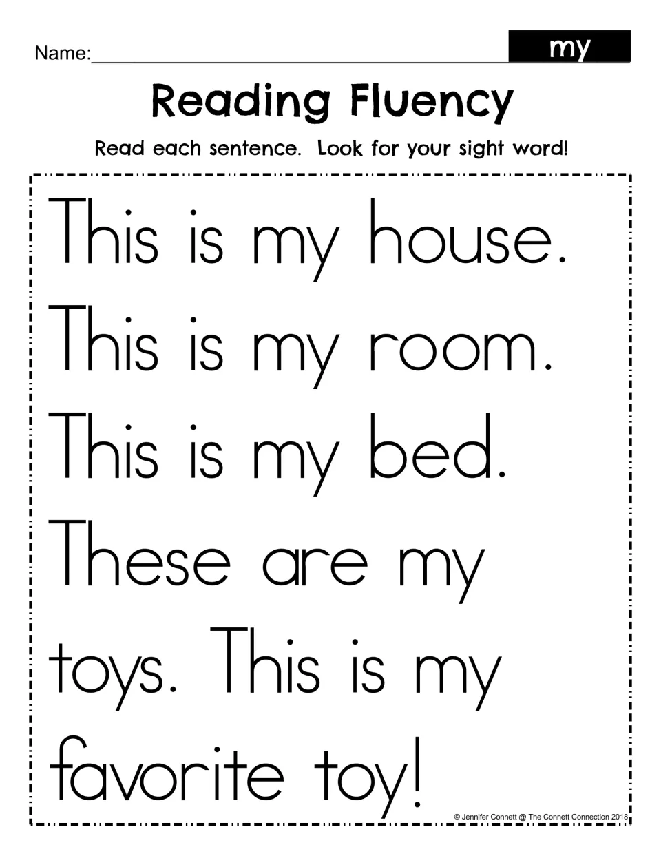 Sight word reading passage using “my” in five sentences about a house, room, bed, toys, and a favorite toy.