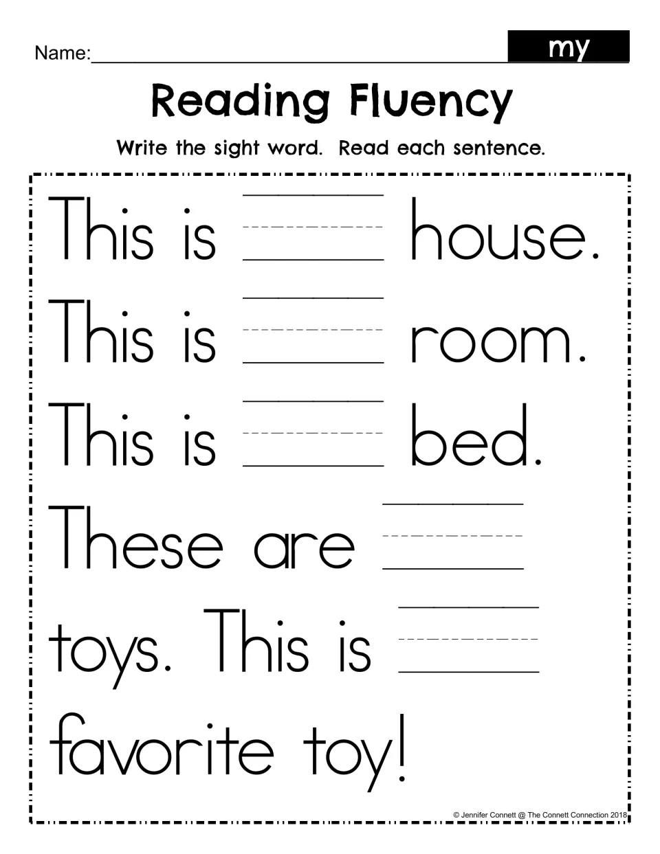 Sight word writing passage: fill in “my” in five sentences about a house, room, bed, toys, and a favorite toy.