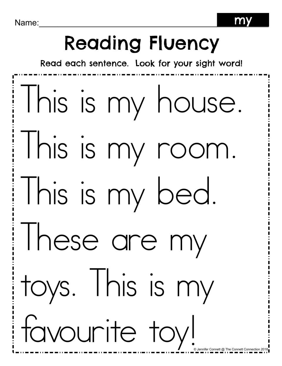 Alternate spelling version of the “my” reading passage, with five sentences about a house, room, bed, and toys.