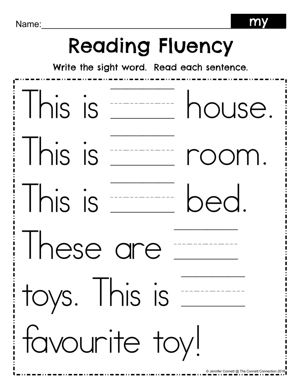 Alternate spelling version of the “my” writing passage, asking students to complete and read five sentences.
