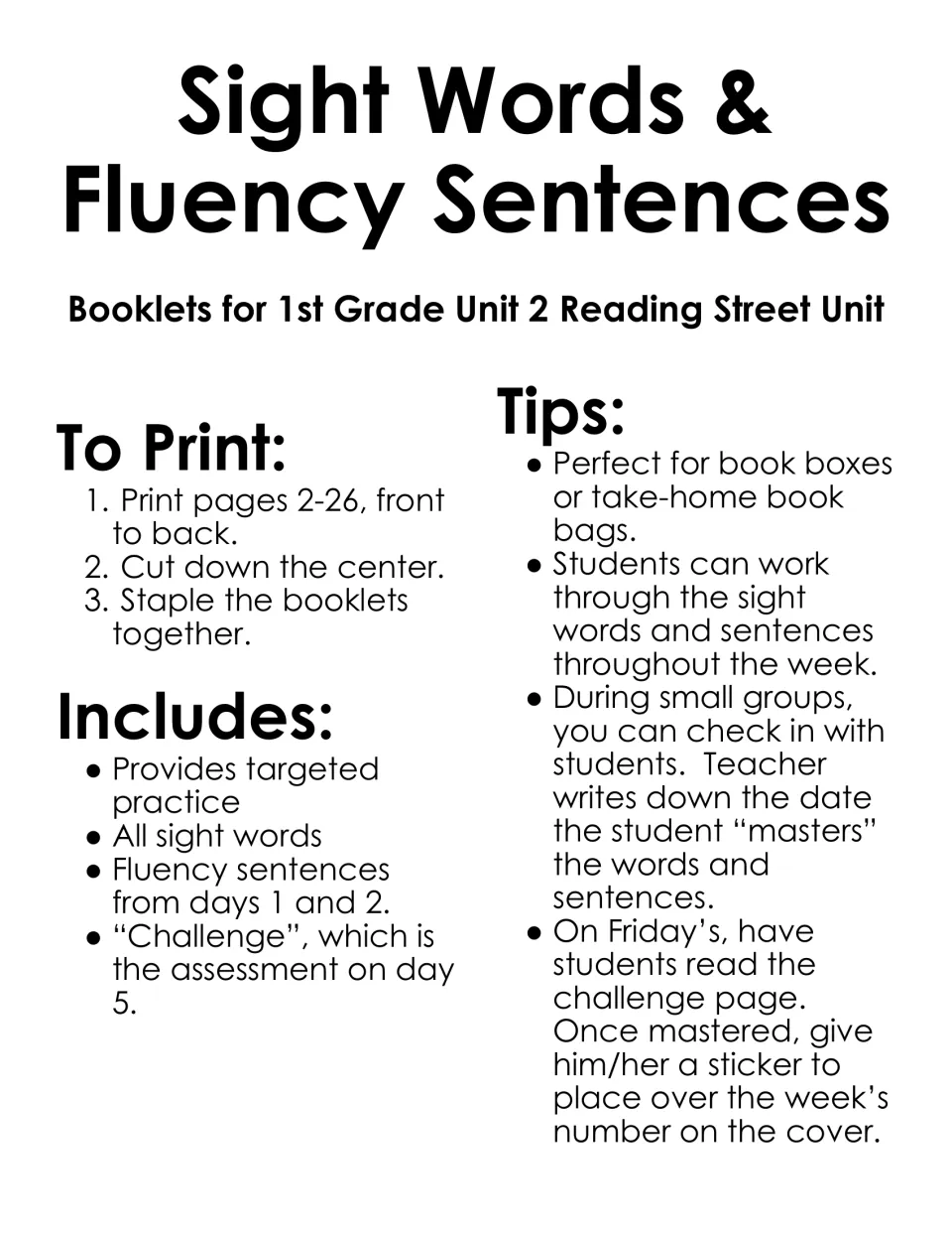 Sight Words & Fluency Sentences booklets for Reading Street Unit 2: print steps, contents list and Friday sticker tips