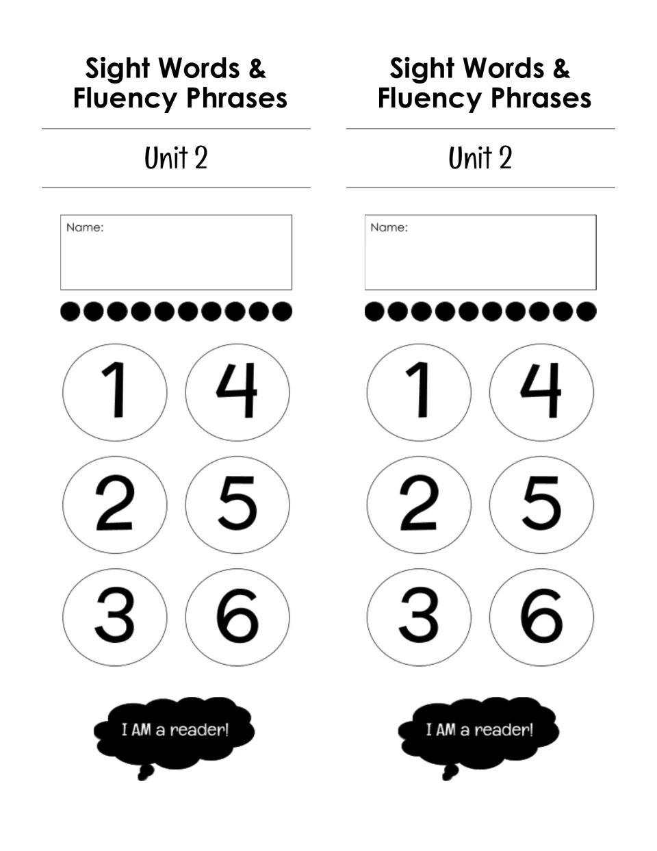 Booklet cover for Unit 2 sight words and fluency phrases with a name field, week numbers 1-6 and 'I AM a reader!'