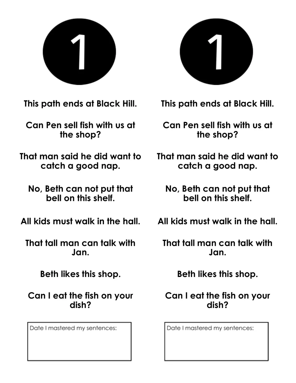 Week 1 fluency sentences: students read eight short sentences, such as 'This path ends at Black Hill.'