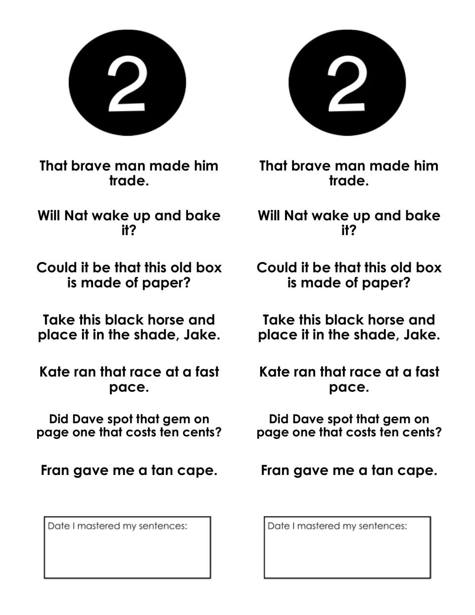 Week 2 fluency sentences: students read seven sentences, such as 'Kate ran that race at a fast pace.'
