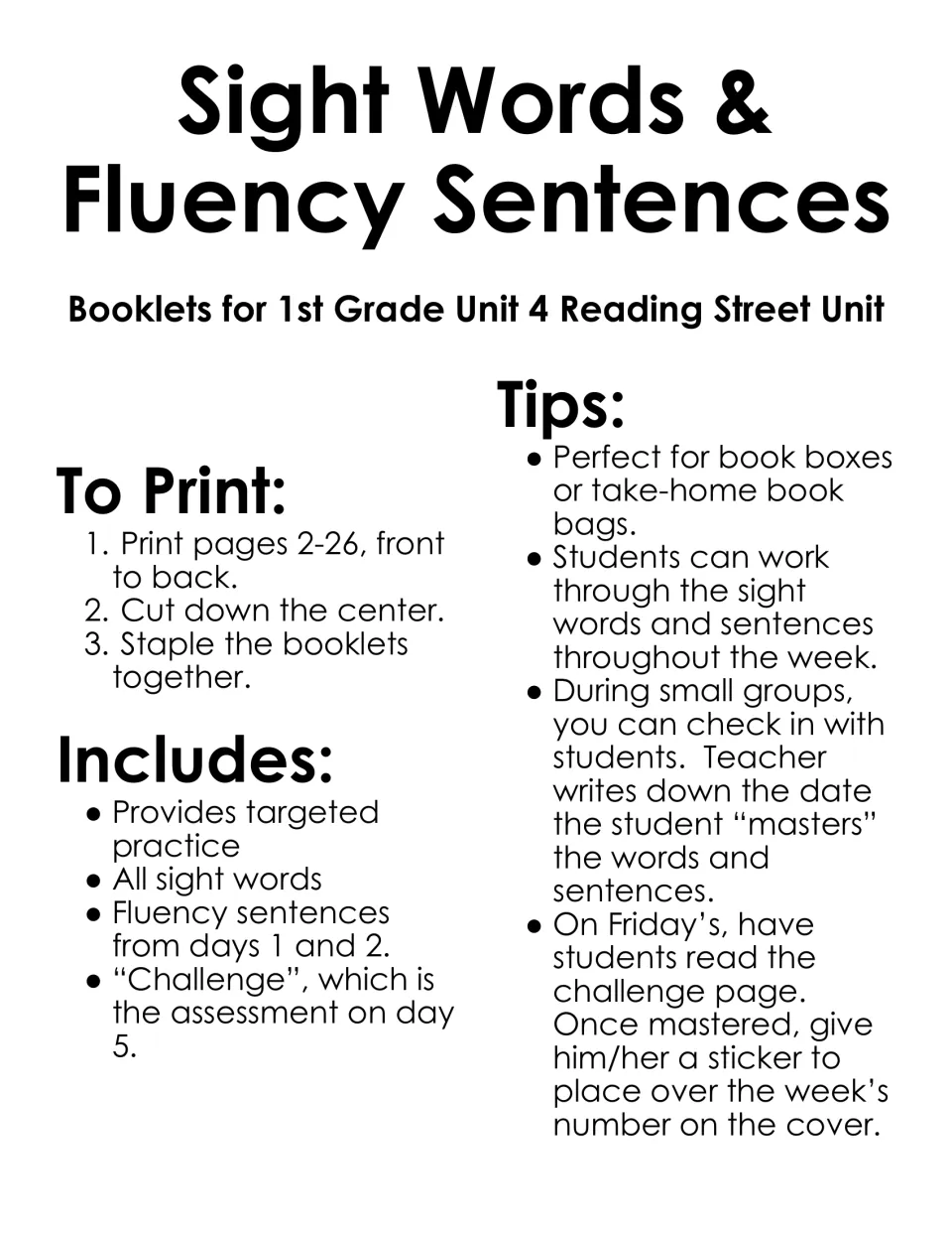Sight Words & Fluency Sentences booklets for Reading Street Unit 4, with printing steps, contents list and teacher tips