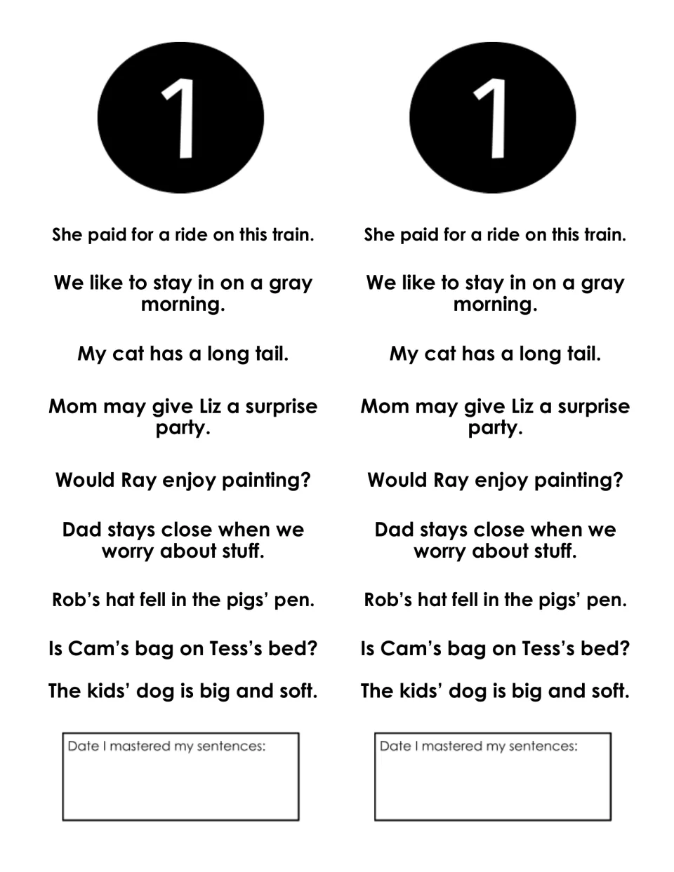 Week 1 fluency sentences: students read nine sentences with long a words and possessives, like 'My cat has a long tail.'