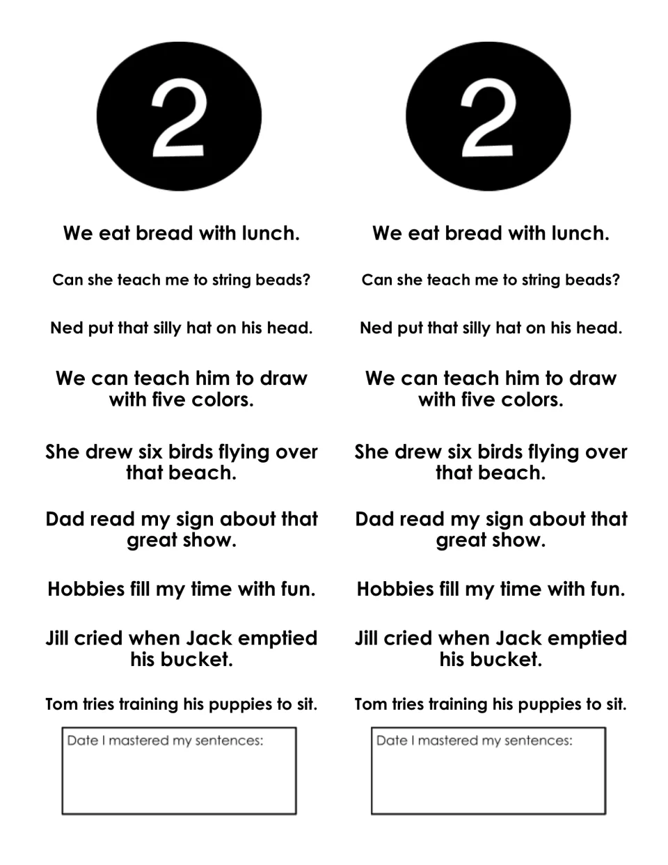 Week 2 fluency sentences: students read nine sentences with ea and -ies/-ied words, like 'We eat bread with lunch.'