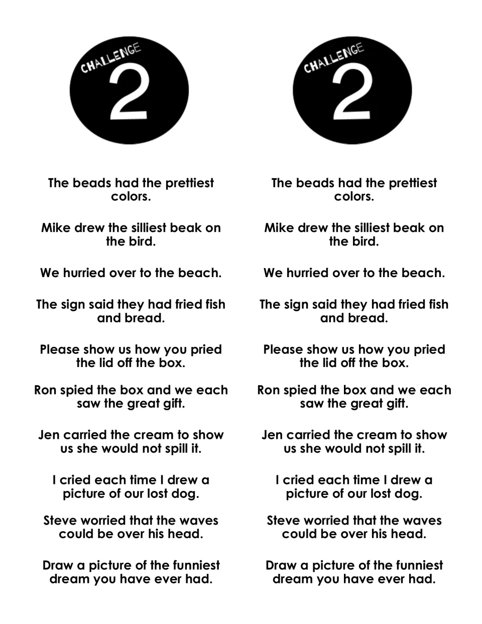 Challenge 2 sentences: students read ten sentences with ea and -iest/-ied words, like 'We hurried over to the beach.'