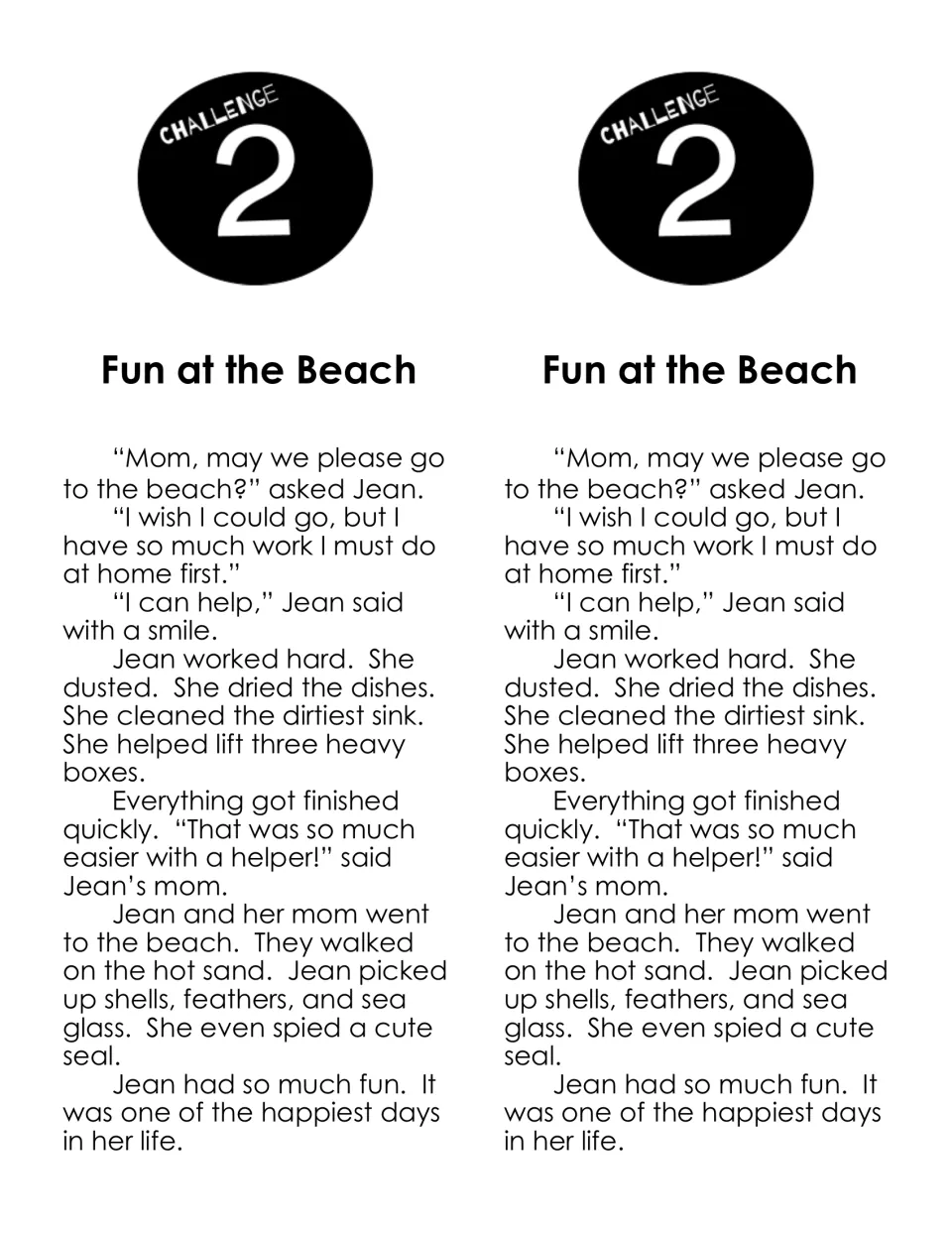Challenge 2 story 'Fun at the Beach': students read how Jean helps her mom with chores, then finds shells and spies a seal