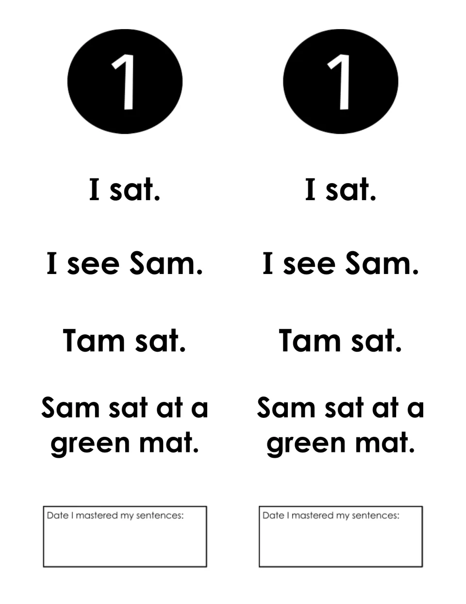 Week 1 fluency sentences: students read I sat, I see Sam, Tam sat and Sam sat at a green mat, then write the date