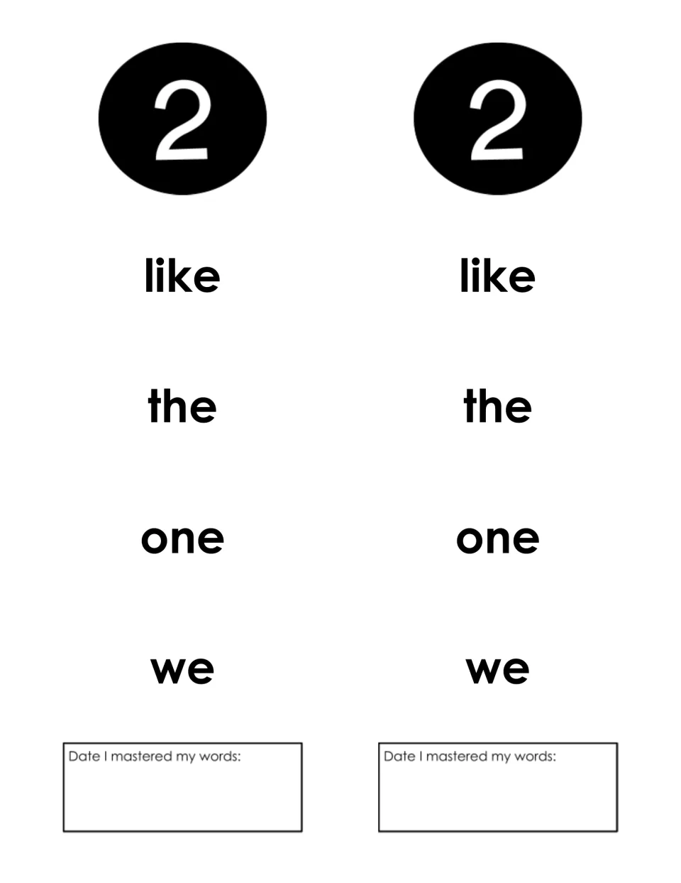 Week 2 sight words: students practise reading like, the, one and we, with a dated sign-off for the teacher