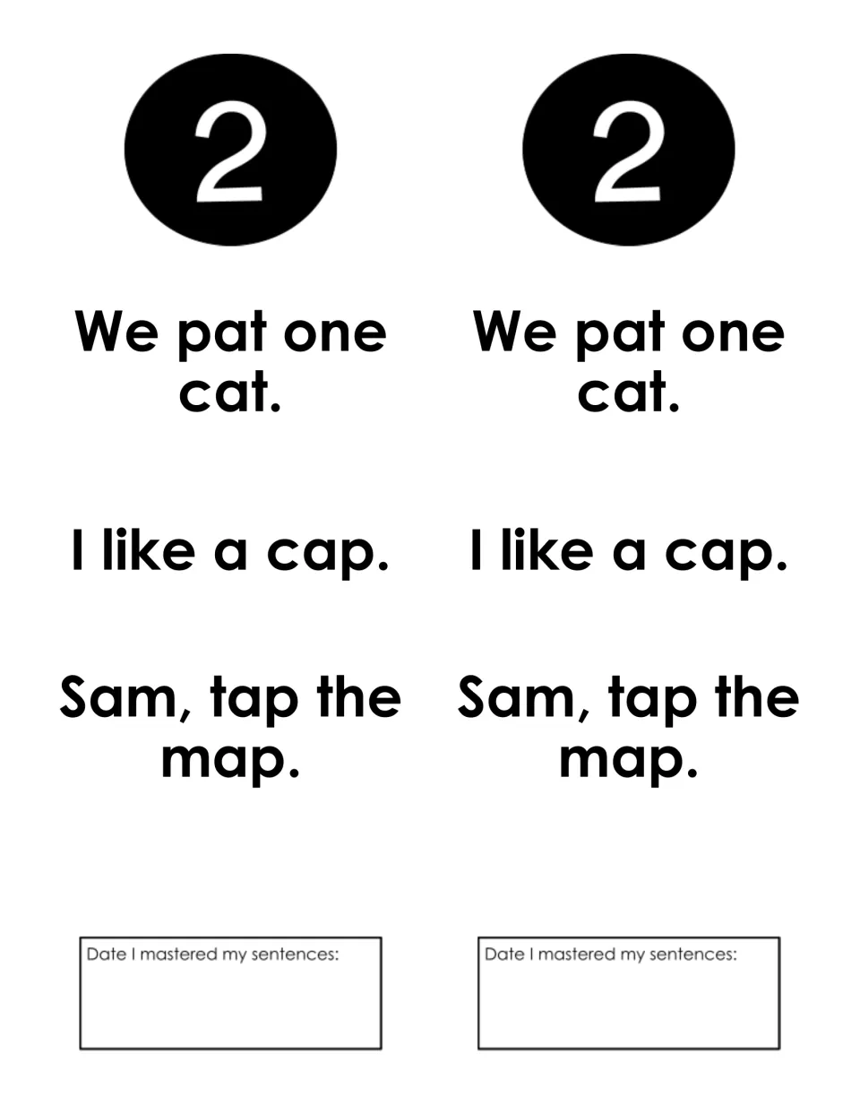 Week 2 fluency sentences: students read We pat one cat, I like a cap and Sam, tap the map, then note the date